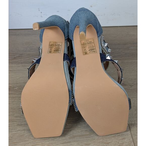 Azalea Wang Trace Heels 6 Denim Strappy Mid Calf Silver Studded Rhinestone NEW - Picture 12 of 12